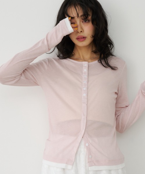 Unitage(ユニテージ)の「バイカラーシアーリブTOPS/カーディガン(Tシャツ/カットソー・レディース・ピンク/イエロー/アイボリー/グレー・FREE)」の4枚目の写真