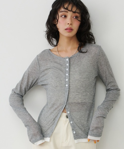 Unitage(ユニテージ)の「バイカラーシアーリブTOPS/カーディガン(Tシャツ/カットソー・レディース・ピンク/イエロー/アイボリー/グレー・FREE)」の11枚目の写真