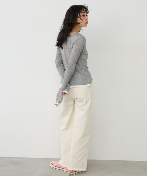 Unitage(ユニテージ)の「バイカラーシアーリブTOPS/カーディガン(Tシャツ/カットソー・レディース・ピンク/イエロー/アイボリー/グレー・FREE)」の14枚目の写真