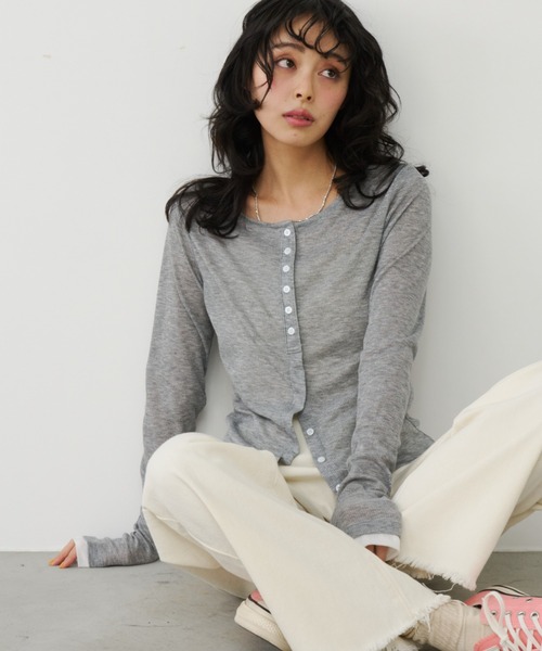 Unitage(ユニテージ)の「バイカラーシアーリブTOPS/カーディガン(Tシャツ/カットソー・レディース・ピンク/イエロー/アイボリー/グレー・FREE)」の9枚目の写真