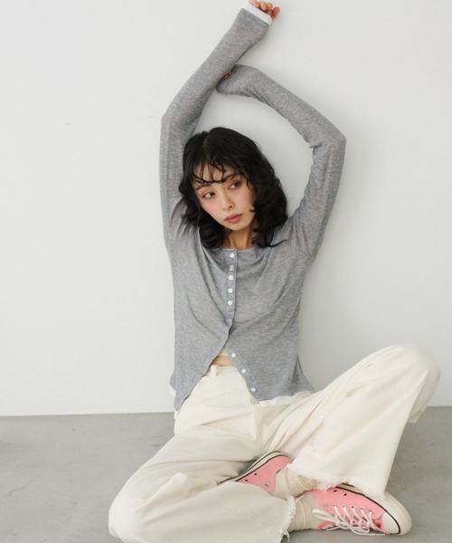 Unitage(ユニテージ)の「バイカラーシアーリブTOPS/カーディガン(Tシャツ/カットソー・レディース・ピンク/イエロー/アイボリー/グレー・FREE)」の12枚目の写真
