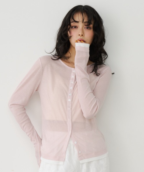 Unitage(ユニテージ)の「バイカラーシアーリブTOPS/カーディガン(Tシャツ/カットソー・レディース・ピンク/イエロー/アイボリー/グレー・FREE)」の16枚目の写真