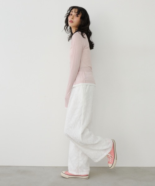 Unitage(ユニテージ)の「バイカラーシアーリブTOPS/カーディガン(Tシャツ/カットソー・レディース・ピンク/イエロー/アイボリー/グレー・FREE)」の17枚目の写真