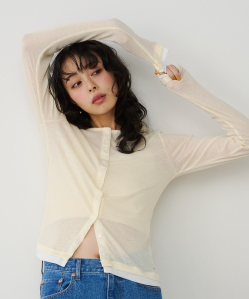 Unitage(ユニテージ)の「バイカラーシアーリブTOPS/カーディガン(Tシャツ/カットソー・レディース・ピンク/イエロー/アイボリー/グレー・FREE)」の21枚目の写真