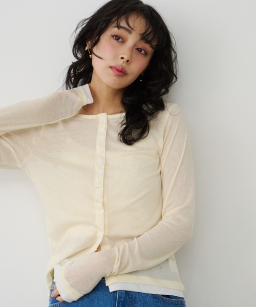 Unitage(ユニテージ)の「バイカラーシアーリブTOPS/カーディガン(Tシャツ/カットソー・レディース・ピンク/イエロー/アイボリー/グレー・FREE)」の22枚目の写真