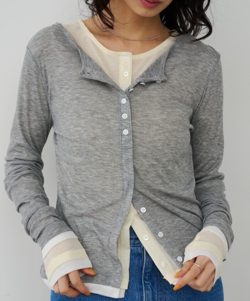 Unitage(ユニテージ)の「バイカラーシアーリブTOPS/カーディガン(Tシャツ/カットソー・レディース・ピンク/イエロー/アイボリー/グレー・FREE)」の7枚目の写真