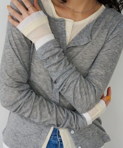Unitage(ユニテージ)の「バイカラーシアーリブTOPS/カーディガン(Tシャツ/カットソー・レディース・ピンク/イエロー/アイボリー/グレー・FREE)」の6枚目の写真