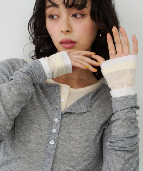 Unitage(ユニテージ)の「バイカラーシアーリブTOPS/カーディガン(Tシャツ/カットソー・レディース・ピンク/イエロー/アイボリー/グレー・FREE)」の8枚目の写真