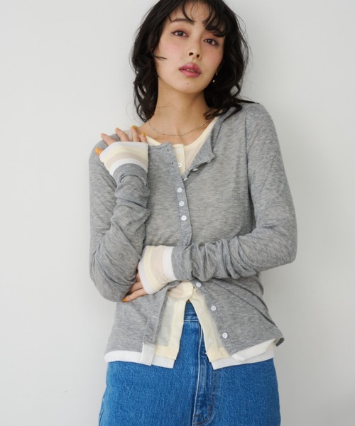 Unitage(ユニテージ)の「バイカラーシアーリブTOPS/カーディガン(Tシャツ/カットソー・レディース・ピンク/イエロー/アイボリー/グレー・FREE)」の5枚目の写真