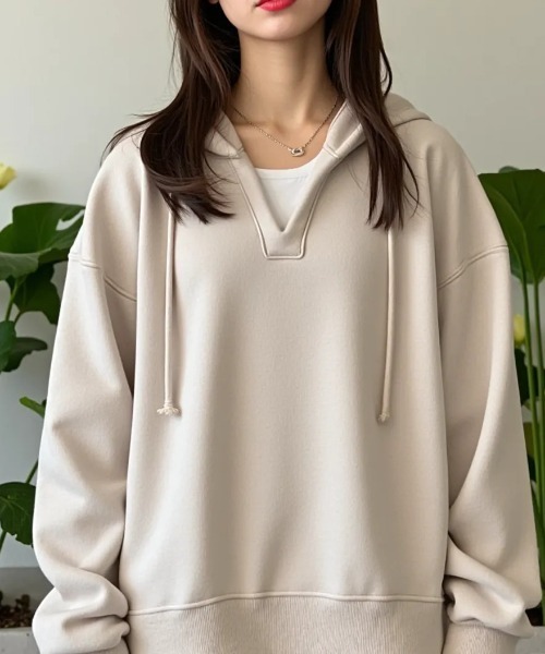 cammie（キャミー）の「レイヤード風デザイントップス（パーカー・レディース・アイボリー/ブラウン・M/L）」の3枚目の写真