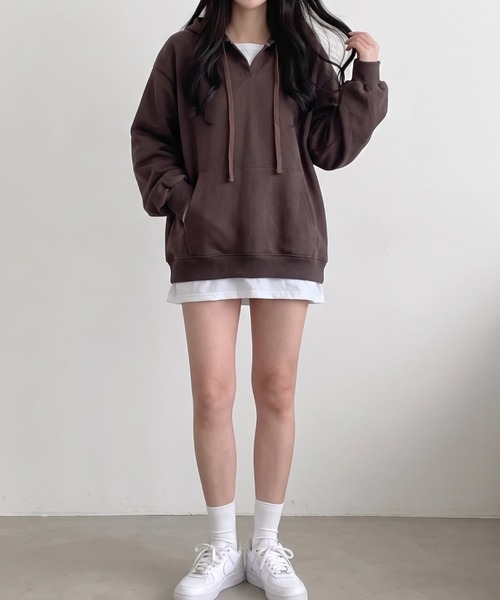 cammie（キャミー）の「レイヤード風デザイントップス（パーカー・レディース・アイボリー/ブラウン・M/L）」の12枚目の写真