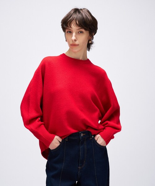 OLD ENGLAND 赤 七分袖ニット 7ゲージシェットランドウールクルーネックニット(トップス