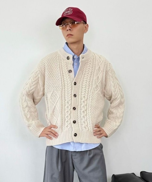 セール】【春夏新作】ミックス編み ケーブルニットカーディガン