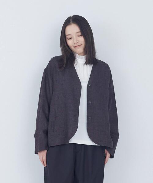 ADIEU TRISTESSE（アデュートリステス）の「リネングレンチェックジャケット（ノーカラージャケット・レディース・グレー系その他/ダークブラウン・38）」の2枚目の写真