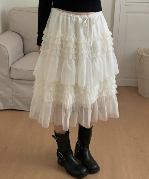 yuue' ( wear )(ユーイ)の「ミディ丈チュールフリルティアードスカート(スカート・レディース・アイボリー/ブラック・FREE)」の1枚目の写真