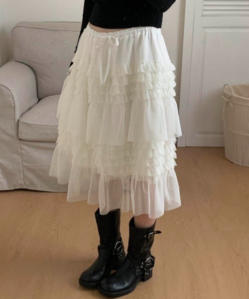 yuue' ( wear )(ユーイ)の「ミディ丈チュールフリルティアードスカート(スカート・レディース・アイボリー/ブラック・FREE)」の16枚目の写真
