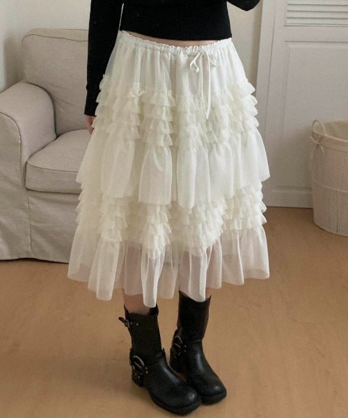 yuue' ( wear )(ユーイ)の「ミディ丈チュールフリルティアードスカート(スカート・レディース・アイボリー/ブラック・FREE)」の15枚目の写真