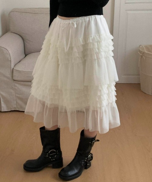 yuue' ( wear )(ユーイ)の「ミディ丈チュールフリルティアードスカート(スカート・レディース・アイボリー/ブラック・FREE)」の14枚目の写真