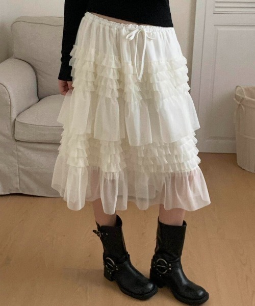 yuue' ( wear )(ユーイ)の「ミディ丈チュールフリルティアードスカート(スカート・レディース・アイボリー/ブラック・FREE)」の13枚目の写真