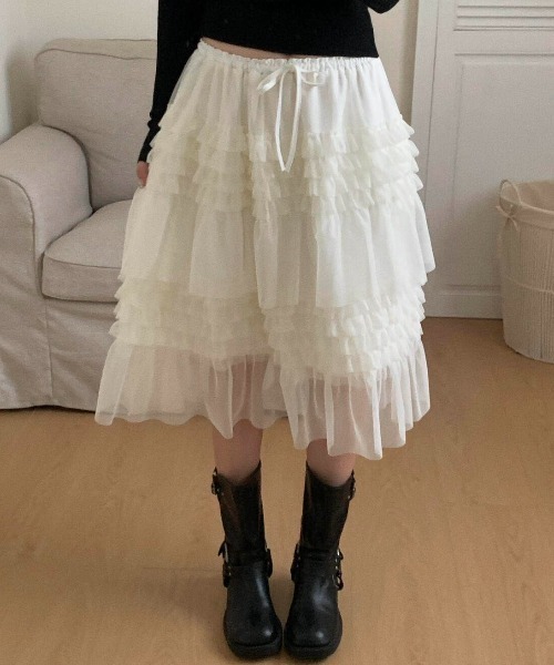 yuue' ( wear )(ユーイ)の「ミディ丈チュールフリルティアードスカート(スカート・レディース・アイボリー/ブラック・FREE)」の17枚目の写真