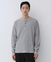 ワッフルヘンリーネック長袖Tシャツ[ミディアムグレー]