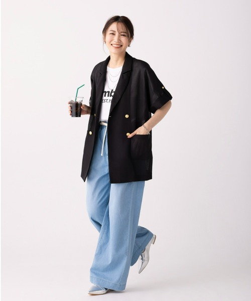 UNDOVE(アンドゥーブ)の「金ボタン使いゆったりメッシュジャケット 【テーラージャケット/半袖ジャケット/接触冷感/ゴールドボタン/サマージャケット】(テーラードジャケット・レディース・ベージュ系/ブラウン系/ブラック・MEDIUM/LARGE/X-LARGE)」の18枚目の写真