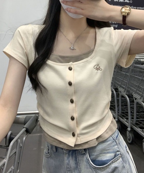 GLAMOROUS JANE(グラマラスジェーン)の「レイヤードフロントボタンテレコTシャツ(Tシャツ/カットソー・レディース・ベージュ/アイボリー・FREE)」の3枚目の写真