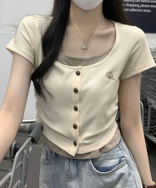 GLAMOROUS JANE(グラマラスジェーン)の「レイヤードフロントボタンテレコTシャツ(Tシャツ/カットソー・レディース・ベージュ/アイボリー・FREE)」の5枚目の写真