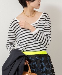 Rie Miller | ウォッシャブルブークレーボーダーバックUネックプルオーバー(ニット/セーター)