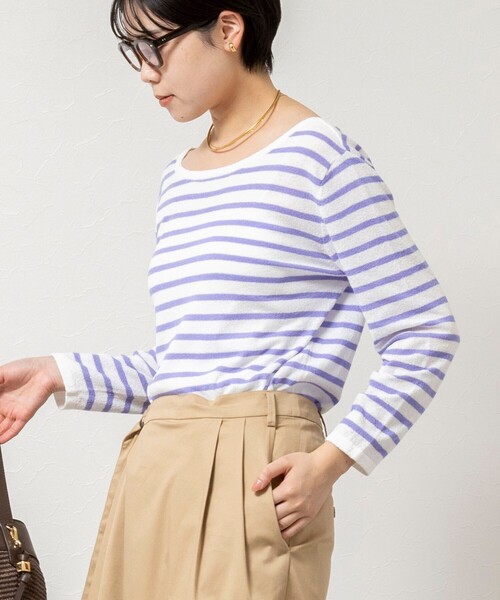 Rie Miller（リエミラー）の「ウォッシャブルブークレーボーダーバックUネックプルオーバー（ニット/セーター・レディース・イエロー系その他3/ホワイト系その他4/パープル系その他3・38）」の2枚目の写真