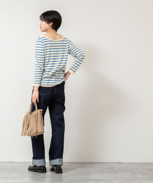 Rie Miller（リエミラー）の「ウォッシャブルブークレーボーダーバックUネックプルオーバー（ニット/セーター・レディース・イエロー系その他3/ホワイト系その他4/パープル系その他3・38）」の4枚目の写真