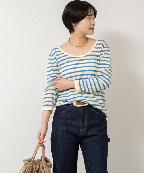 Rie Miller（リエミラー）の「ウォッシャブルブークレーボーダーバックUネックプルオーバー（ニット/セーター・レディース・イエロー系その他3/ホワイト系その他4/パープル系その他3・38）」の7枚目の写真