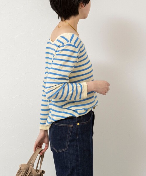 Rie Miller（リエミラー）の「ウォッシャブルブークレーボーダーバックUネックプルオーバー（ニット/セーター・レディース・イエロー系その他3/ホワイト系その他4/パープル系その他3・38）」の8枚目の写真