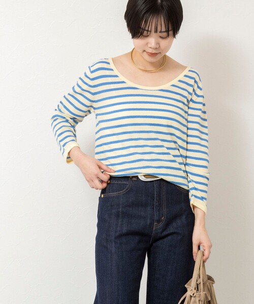 Rie Miller（リエミラー）の「ウォッシャブルブークレーボーダーバックUネックプルオーバー（ニット/セーター・レディース・イエロー系その他3/ホワイト系その他4/パープル系その他3・38）」の11枚目の写真