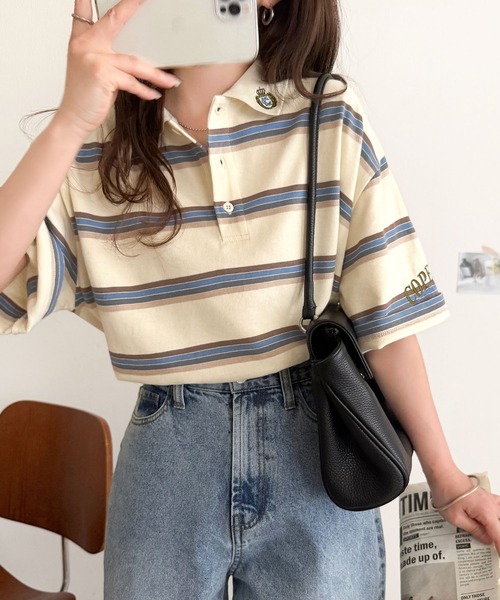 classicalelf(クラシカルエルフ)の「レトロ可愛いスタイルに。綿100%とび刺繍ポロシャツ(半袖)(ポロシャツ・レディース・ブラウン/オレンジ/ブラック/グレー系1/アイボリー系1・MEDIUM/X-LARGE/SMALL/LARGE)」の4枚目の写真