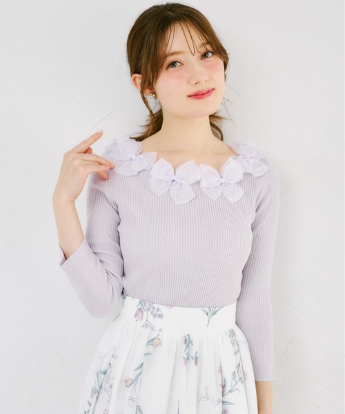 tocco closet（トッコ　クローゼット）の「シアーリボン付き七分袖リブニットプルオーバー（ニット/セーター・レディース・ネイビー/サックスブルー/ピンク/ラベンダー・M）」の4枚目の写真