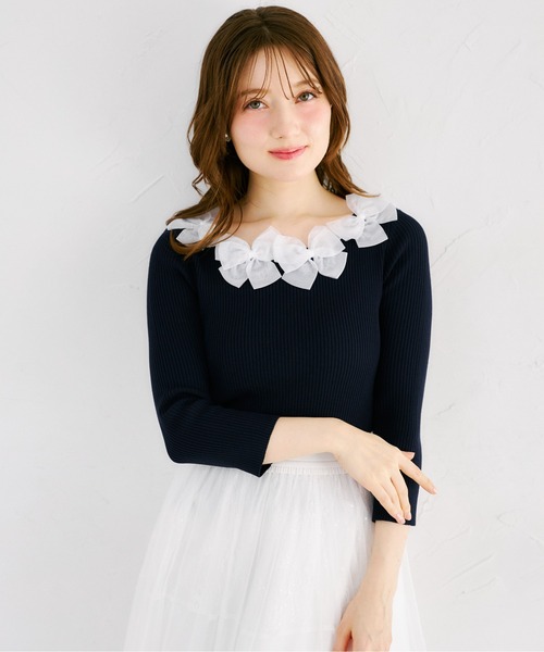tocco closet（トッコ　クローゼット）の「シアーリボン付き七分袖リブニットプルオーバー（ニット/セーター・レディース・ネイビー/サックスブルー/ピンク/ラベンダー・M）」の2枚目の写真