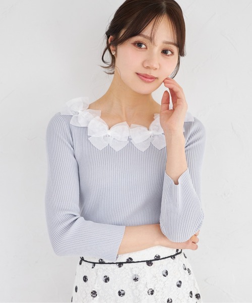 tocco closet（トッコ　クローゼット）の「シアーリボン付き七分袖リブニットプルオーバー（ニット/セーター・レディース・ネイビー/サックスブルー/ピンク/ラベンダー・M）」の3枚目の写真