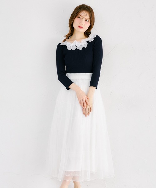 tocco closet（トッコ　クローゼット）の「シアーリボン付き七分袖リブニットプルオーバー（ニット/セーター・レディース・ネイビー/サックスブルー/ピンク/ラベンダー・M）」の6枚目の写真