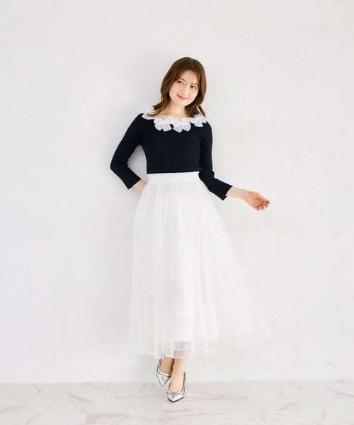 tocco closet（トッコ　クローゼット）の「シアーリボン付き七分袖リブニットプルオーバー（ニット/セーター・レディース・ネイビー/サックスブルー/ピンク/ラベンダー・M）」の5枚目の写真