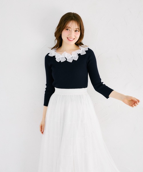 tocco closet（トッコ　クローゼット）の「シアーリボン付き七分袖リブニットプルオーバー（ニット/セーター・レディース・ネイビー/サックスブルー/ピンク/ラベンダー・M）」の7枚目の写真