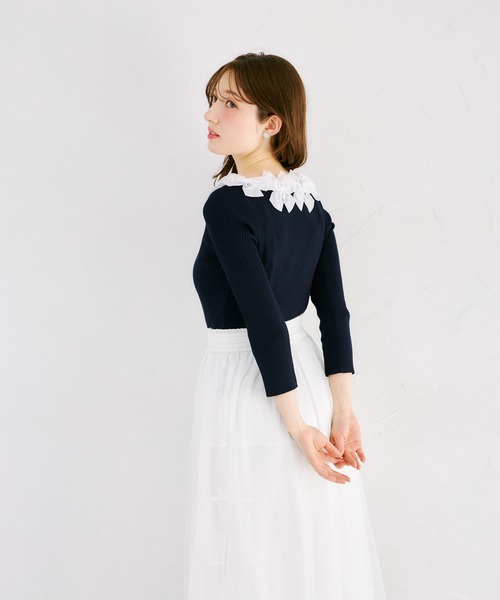 tocco closet（トッコ　クローゼット）の「シアーリボン付き七分袖リブニットプルオーバー（ニット/セーター・レディース・ネイビー/サックスブルー/ピンク/ラベンダー・M）」の8枚目の写真