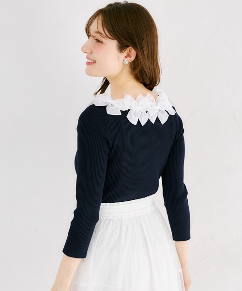 tocco closet（トッコ　クローゼット）の「シアーリボン付き七分袖リブニットプルオーバー（ニット/セーター・レディース・ネイビー/サックスブルー/ピンク/ラベンダー・M）」の9枚目の写真