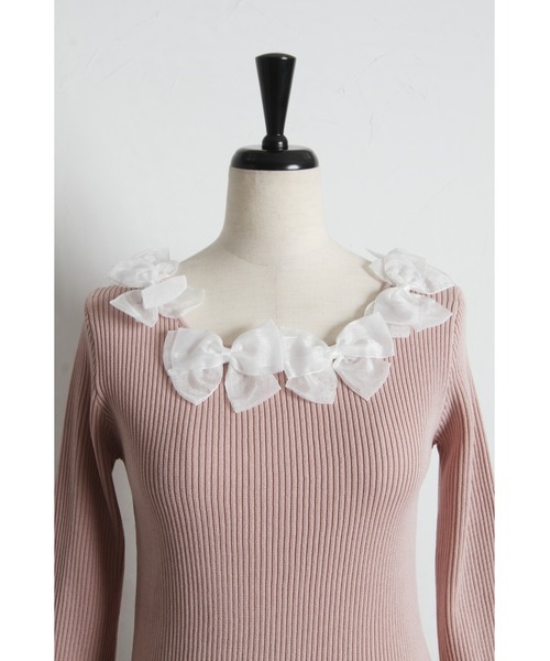 tocco closet（トッコ　クローゼット）の「シアーリボン付き七分袖リブニットプルオーバー（ニット/セーター・レディース・ネイビー/サックスブルー/ピンク/ラベンダー・M）」の13枚目の写真