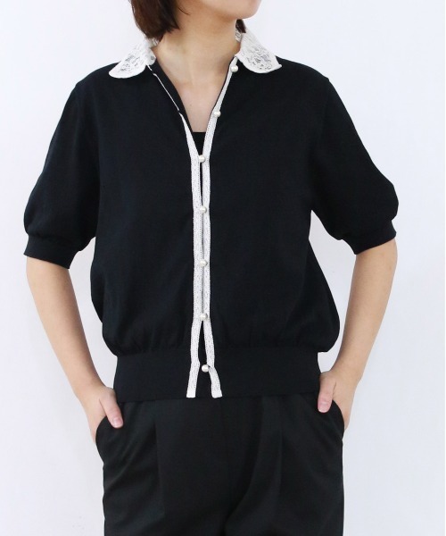 Marilyn Moon(マリリンムーン)の「cotton nylon lace color knit cardigan(カーディガン/ボレロ・レディース・グレー/ホワイト×ブラック/クリーム/ブラック・FREE)」の18枚目の写真