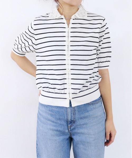 Marilyn Moon(マリリンムーン)の「cotton nylon lace color knit cardigan(カーディガン/ボレロ・レディース・グレー/ホワイト×ブラック/クリーム/ブラック・FREE)」の13枚目の写真