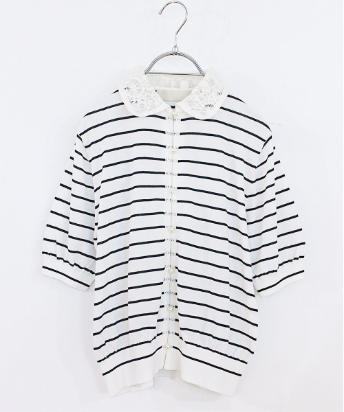 Marilyn Moon(マリリンムーン)の「cotton nylon lace color knit cardigan(カーディガン/ボレロ・レディース・グレー/ホワイト×ブラック/クリーム/ブラック・FREE)」の8枚目の写真