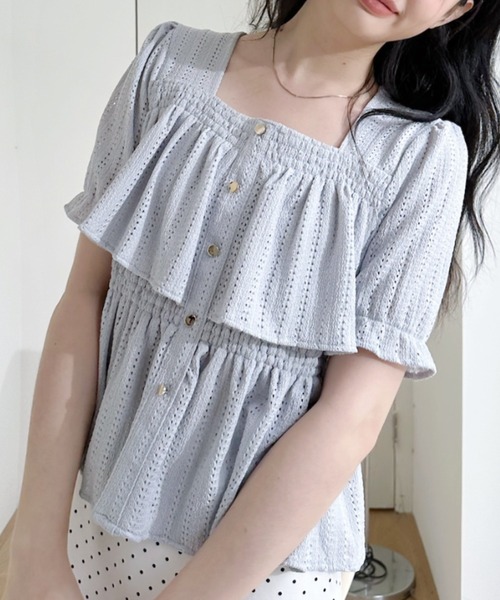 Ada.（エイダ）の「透かし編み スクエアネックパフスリーブ フレアカットソー（Tシャツ/カットソー・レディース・ブラック/ブルー/ホワイト・FREE）」の18枚目の写真