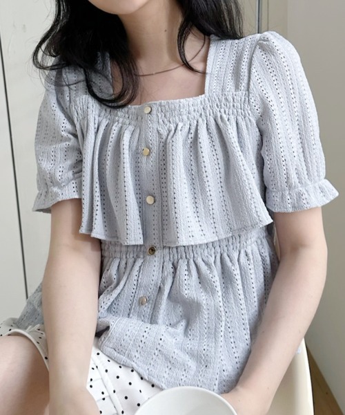 Ada.（エイダ）の「透かし編み スクエアネックパフスリーブ フレアカットソー（Tシャツ/カットソー・レディース・ブラック/ブルー/ホワイト・FREE）」の19枚目の写真