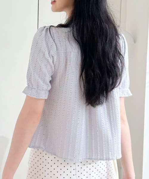 Ada.（エイダ）の「透かし編み スクエアネックパフスリーブ フレアカットソー（Tシャツ/カットソー・レディース・ブラック/ブルー/ホワイト・FREE）」の16枚目の写真